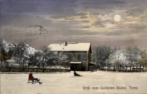 Ak Torna Ungarn, Verschneite Landschaft, Haus, Vollmond, Schlitten, hund, Karte