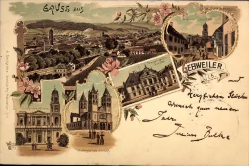 Litho Guebwiller Gebweiler Elsass Haut Rhin, Liebfrauenkirche, Leodegariuskirche, Gericht, Straße