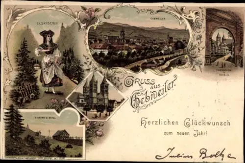 Litho Guebwiller Gebweiler Elsass Haut Rhin, Gesamtansicht, Frau in Tracht, Kirche, Hotel