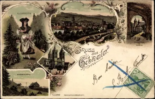 Litho Guebwiller Gebweiler Elsass Haut Rhin, Gesamtansicht, Frau in Tracht, Kirche, Hotel