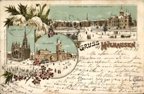 Winter Litho Mulhouse Mülhausen Elsass Haut Rhin, Ev. Kirche, Bollwerk, Postgebäude