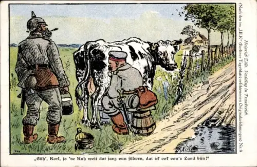 Künstler Ak Zille, Heinrich, Vadding in Frankreich, Soldat melkt eine Kuh