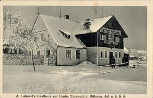 Ak Cínovec Böhmisch Zinnwald Dubí Eichwald Region Aussig, Gasthaus zur Linde, A. Lehnert, Winter