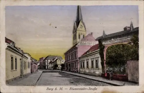 Ak Blumenthal Burg bei Magdeburg, Blumentaler-Straße, Mobel H, Burg 6. M, Kirche, Straßenansicht