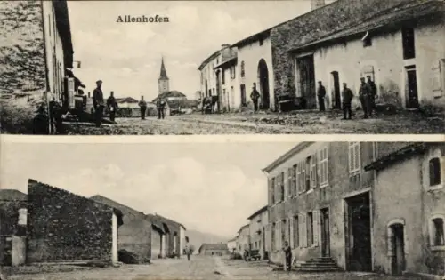 Ak Allenhofen Alaincourt la Côte Lothringen Moselle,  Straße mit Menschen, Häuser, Kirche im Hint