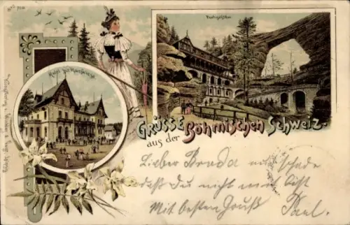 Litho Hřensko Herrnskretschen Elbe Reg. Aussig, Hotel zur Rainwiese, Prebischtor