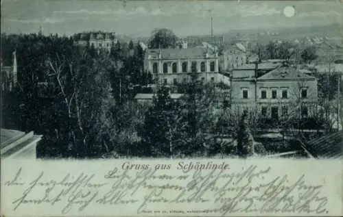 Mondschein Ak Krásná Lípa Schönlinde Region Aussig, Teilansicht