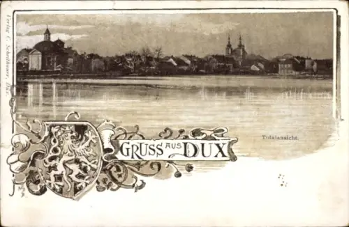 Litho Duchcov Dux Region Aussig, Gesamtansicht, Wappen