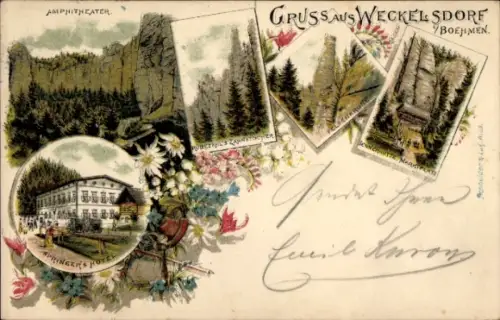 Litho Teplice n. Metují Weckelsdorf Wekelsdorf Reg. Königgrätz, Hotel Springer, Felsen, Amphitheater