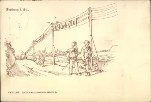 Künstler Ak Freiberg in Sachsen, Herzliches Glück-Auf!, Bergmann und Wanderer