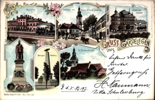Litho Gardelegen in der Altmark, Kriegerdenkmal, Bahnhof, Rathaus