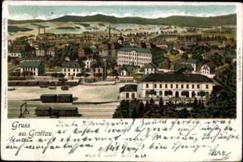 Ak Hrádek nad Nisou Grottau Region Reichenberg, Stadtansicht, Bahnhof