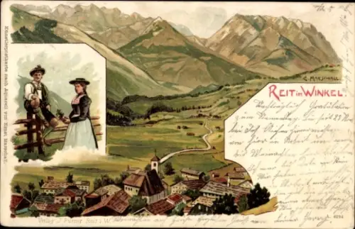 Künstler Ak E. Marschall, Reit im Winkl Oberbayern, Gesamtansicht, Paar in Tracht