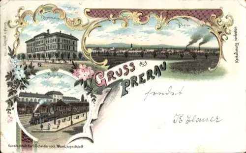 Ak Přerov Prerau Region Olmütz,  mit Landschaft, Blumen, Schriftzug 'GRUSS aus PRERAU',  Fahrzeug