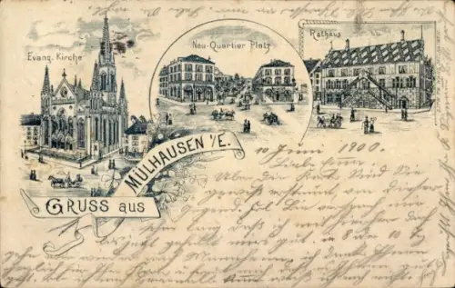 Litho Mulhouse Mülhausen Elsass Haut Rhin, Ev. Kirche, Neu-Quartier-Platz, Rathaus