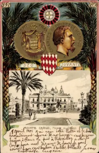 Ak Monte Carlo Monaco, Zwei Medaillen, Portrait von Charles, Palmen, Monte Carlo