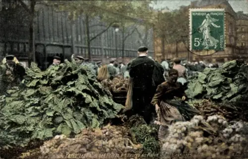 Ak Paris, Boulevard Saint Germain, Marktszene, Menschen zwischen Gemüse, französische Postmarke, 