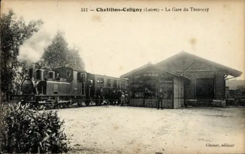 Ak Châtillon Coligny Loiret, Straßenbahn-Bahnhof, Dampflokomotive