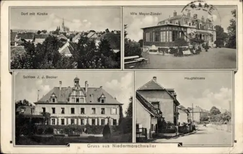 Ak Morschwiller le Bas Niedermorschweiler Elsass Haut Rhin, Dorf mit Kirche, Villa Meyer-Zündel, 