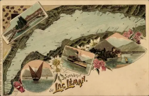 Ak Genf Kanton Schweiz, Lac Leman, Karte des Genfersees, Schiffe, Landschaft, Blumen, nverlag
