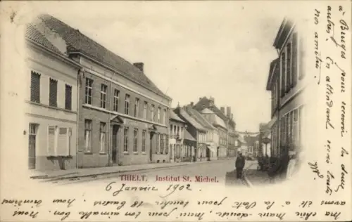 Ak Thielt Tielt Westflandern, Straße mit Häusern, Institut St. Michel, Datum 6 Januar 1902
