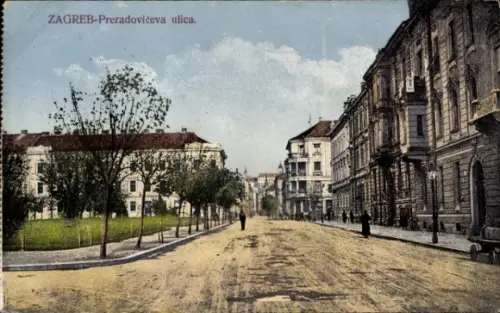 Ak Zagreb Kroatien, ZAGREB-Preradovićeva ulica, Straßenansicht, Bäume, Menschen