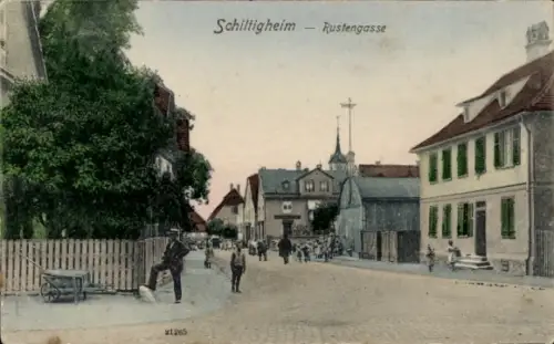 Ak Schiltigheim Strasbourg Straßburg Elsass Bas Rhin,  Rustengasse, Straßenansicht, Menschen, Häu