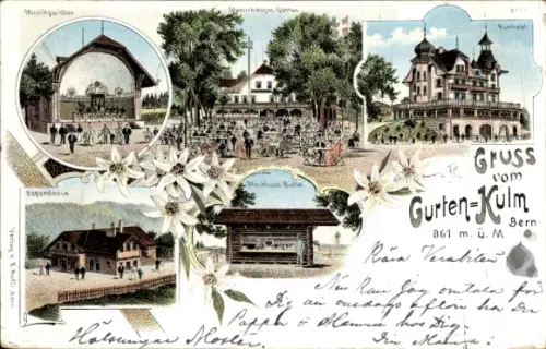Litho Bern Stadt Kanton Bern, Berg Gurten, Gurten-Kulm, Kurhotel, Musikpavillon, Blockhaus-Buffet