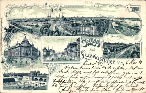 Litho Ludwigshafen am Rhein, Panorama, Post, Bahnhof, Rheinbrücke, Marktplatz
