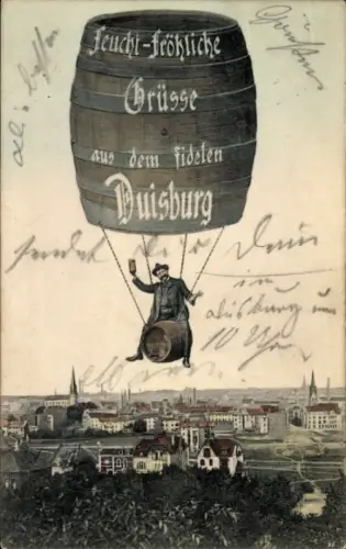 Ak Duisburg im Ruhrgebiet, Luftballon mit Mann,  feucht-fröhliche Grüße