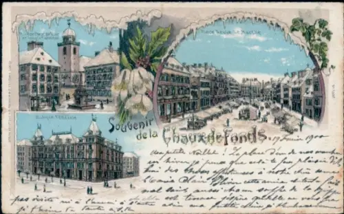 Winter Litho La Chaux de Fonds Kanton Neuenburg, Marktplatz, Bank, Kirche