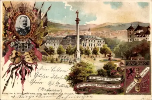 Wappen Litho Stuttgart in Württemberg, Denkmal, Kriegerbund, Heerführer