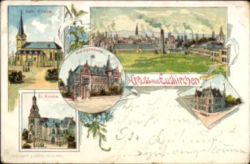 Litho Euskirchen Nordrhein Westfalen, Katholische Kirche, Bahnhof, Kreisgebäude