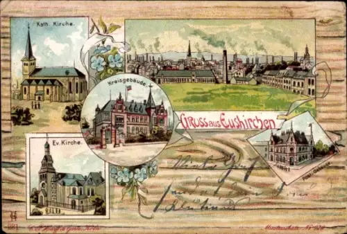 Litho Euskirchen Nordrhein Westfalen, Katholische Kirche, Bahnhof, Kreisgebäude