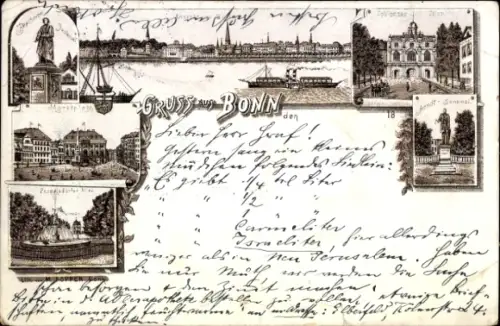 Litho Bonn am Rhein, Gesamtansicht, Denkmal, Marktplatz