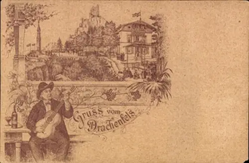 Litho Königswinter am Rhein, Drachenfels, Musizierender Mann, Gitarre