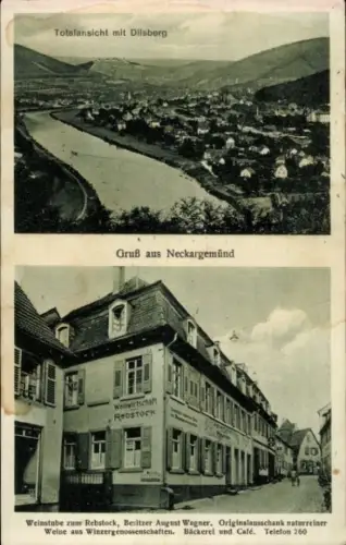 Ak Neckargemünd am Neckar, Totalansicht mit Dilsberg, Gruß aus  Weinwirtschaft Rebstock
