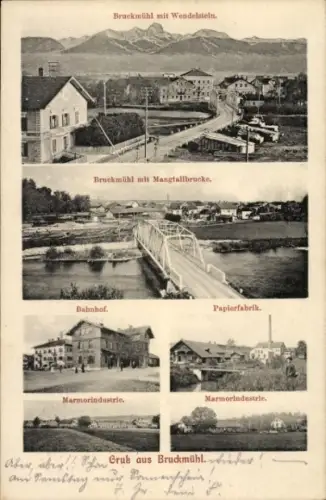 Ak Bruckmühl in Oberbayern, Bruckmühl mit Wendelstein, Mangfallbrücke, Bahnhof, Papierfabrik, Mar