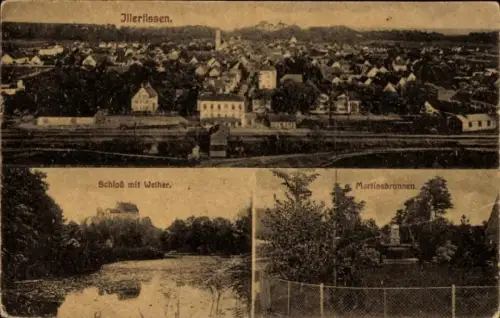 Ak Illertissen in Schwaben, Gesamtansicht,  Schloss mit Weiher, Martinsbrunnen