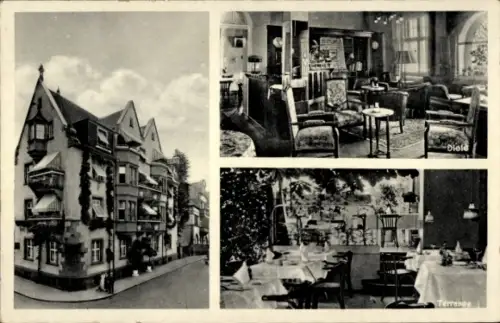 Ak Freiburg im Breisgau Baden, Unterlinden, Hotel Minerva, Freiburg, Diele, Terrasse, moderne Zim