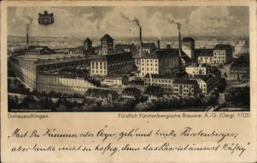 Ak Donaueschingen im Schwarzwald, Brauerei,  Fürstlich Fürstenbergische Brauerei A.-G., 1705