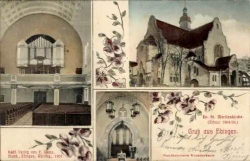 Ak Ebingen Albstadt in Württemberg, Eo. St. Martinskirche, Gruß aus  handkolorierte Künstlerkarte