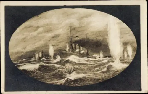 Künstler Ak Albers, Deutsche Kriegsschiffe unter Beschuss, Kaiserliche Marine