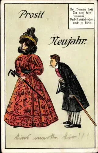 Ak Glückwunsch Neujahr, Frau in rotem Kleid, Mann mit Gehstock, Liebe, Hoffnung