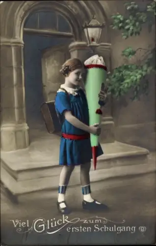 Ak Glückwunsch Einschulung, Mädchen mit Zuckertüte und Schulranzen