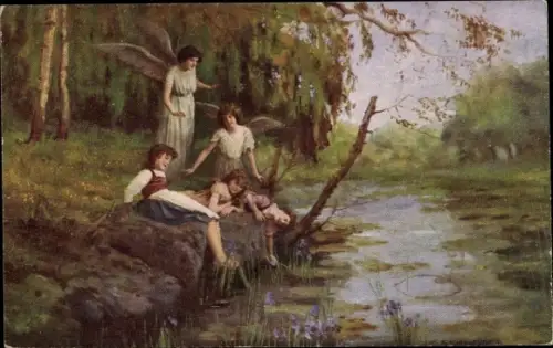 Künstler Ak Schneider, E., Schutzengel mit Kindern am Ufer