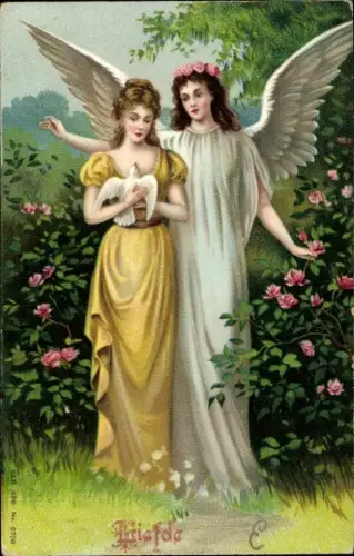Litho Liefde, Liebe, Zwei Engel und eine kleine Taube, Rosen
