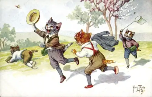 Künstler Ak Thiele, Arthur, Vermenschlichte Katzen, Schmetterlingsfänger