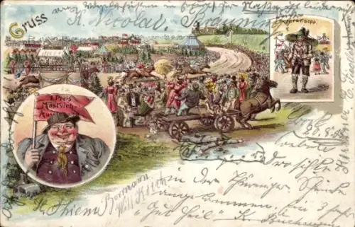 Litho Volksfest, Pferderennstrecke, Besucher, Dicker Mann, 1. Preis Mastvieh-Ausstellung, Sepp