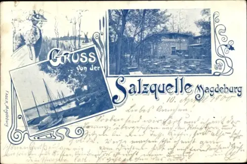 Ak Magdeburg in Sachsen Anhalt, Luftkurort zur Salzquelle, Anlegestelle mit Booten